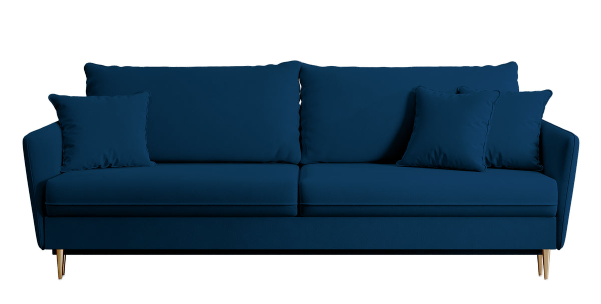 Canapé convertible 3 places Volio velours bleu marine hydrofuge pieds dorés