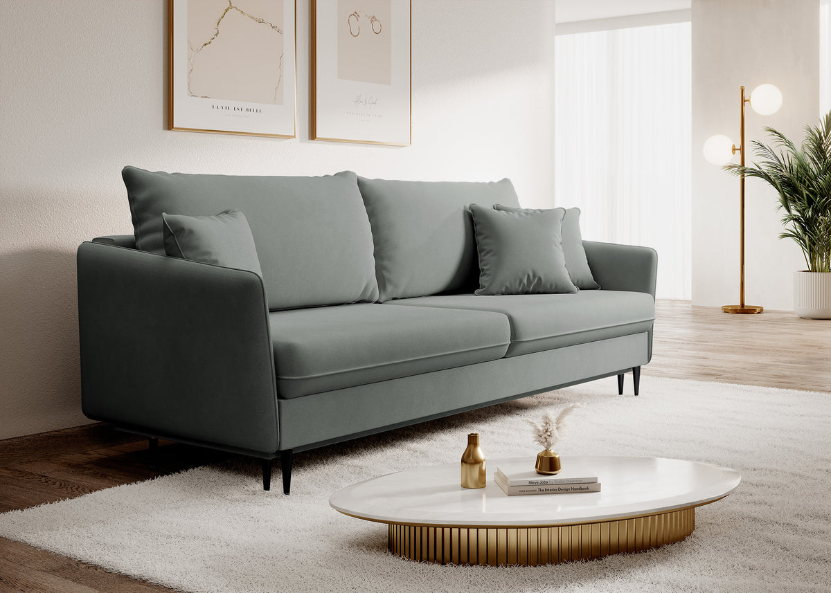 Canapé convertible 3 places Volio velours gris hydrofuge pieds noirs