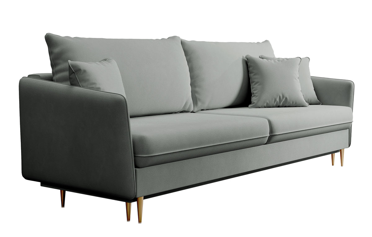 Canapé convertible 3 places Volio velours gris hydrofuge pieds dorés