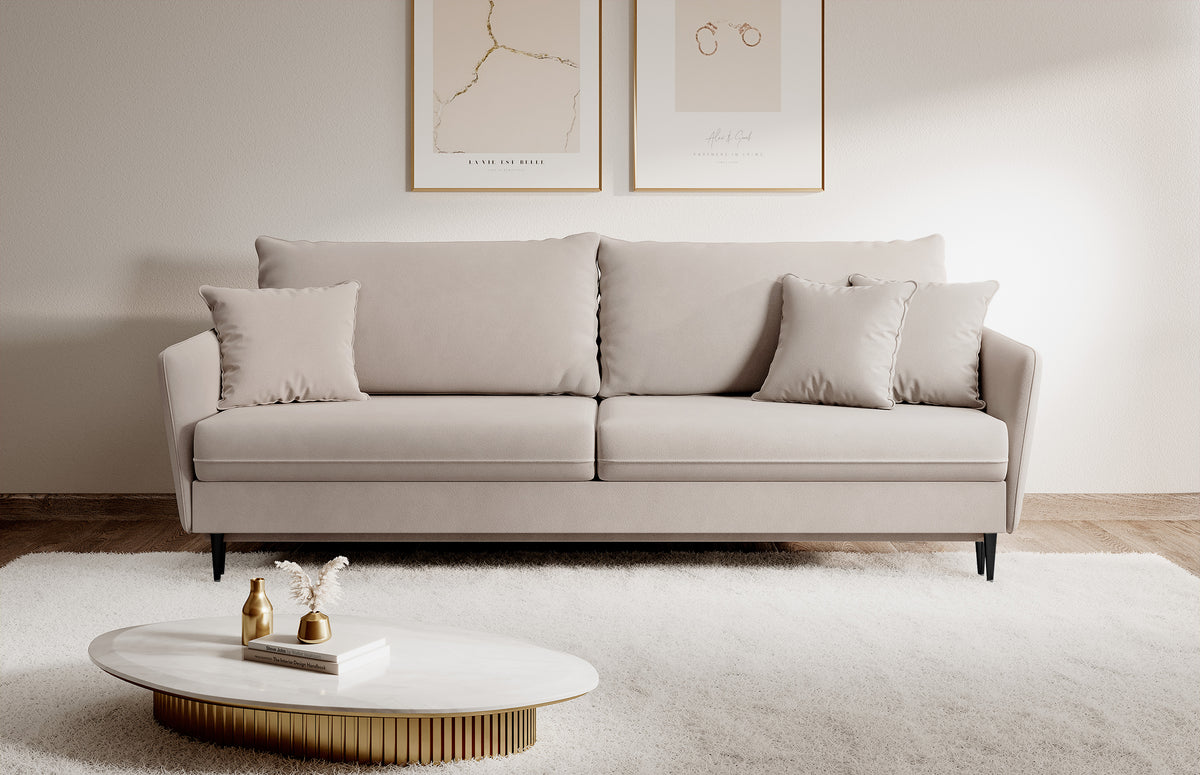 Canapé convertible 3 places Volio velours hydrofuge gris beige pieds noirs