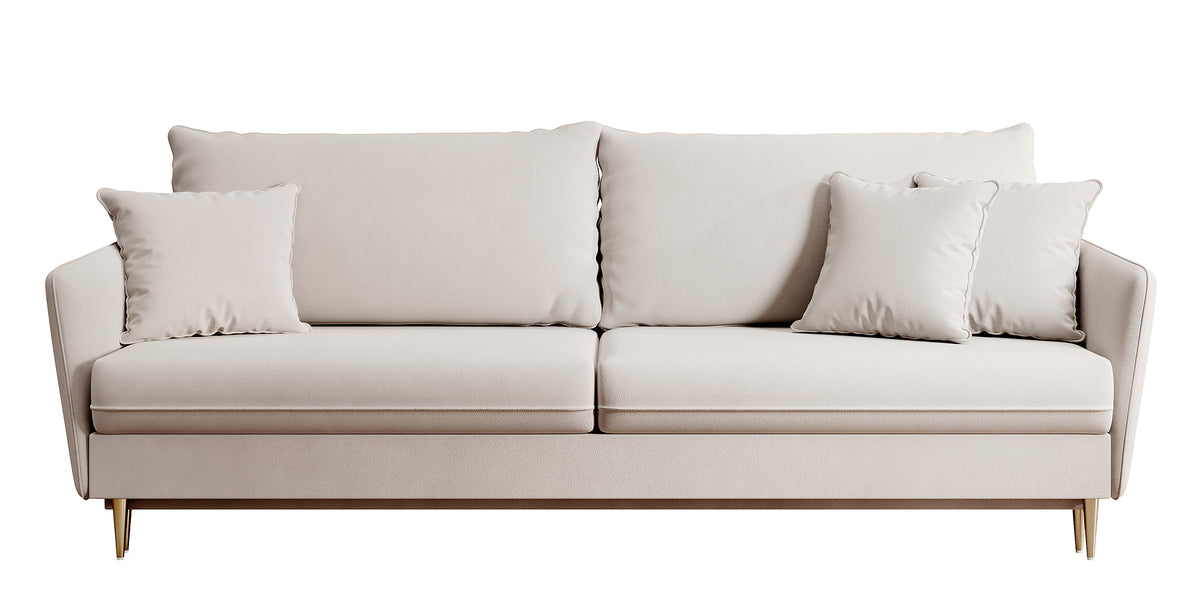 Canapé convertible 3 places Volio velours hydrofuge gris beige pieds dorés