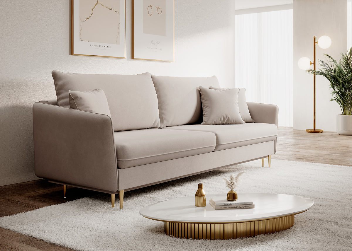 Canapé convertible 3 places Volio velours hydrofuge gris beige pieds dorés