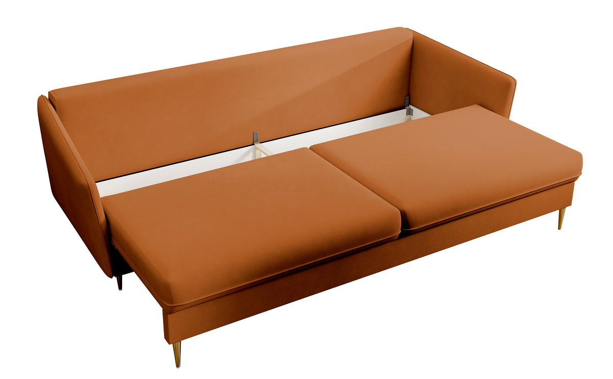 Dreisitziges ausklappbares Sofa Volio, kupferfarbenes Samt, wasserabweisend, goldene Beine