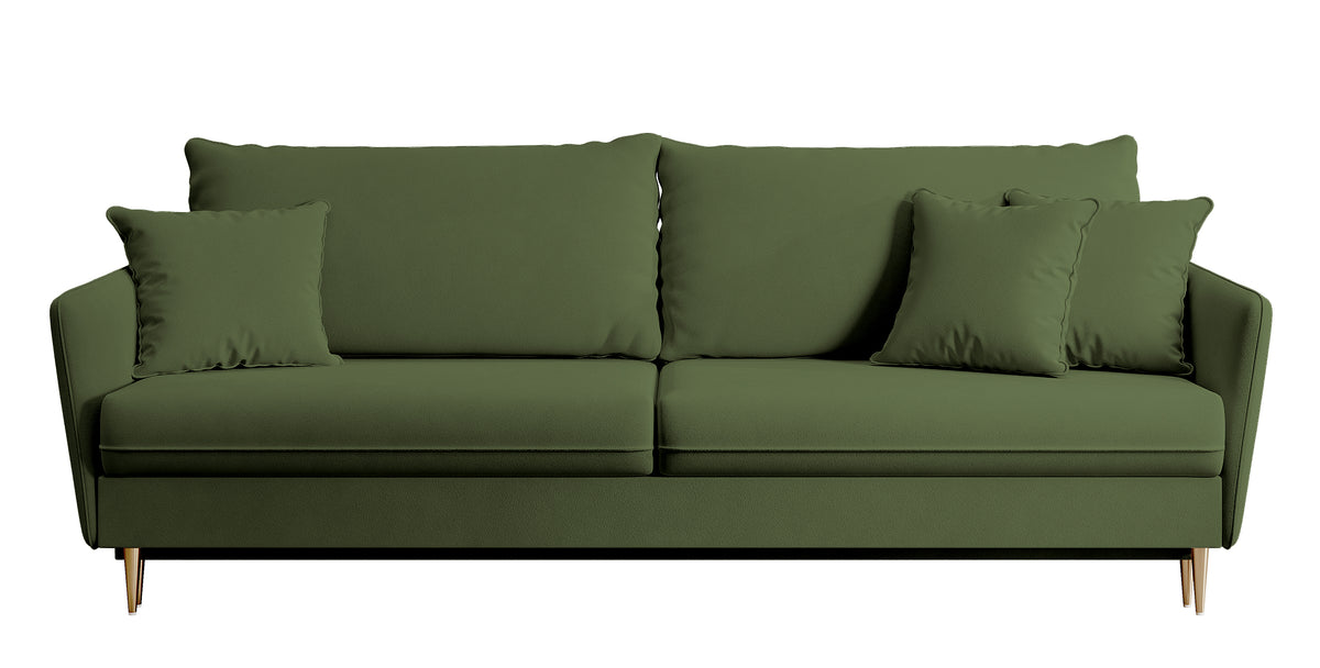 Canapé convertible 3 places Volio velours olive hydrofuge pieds dorés