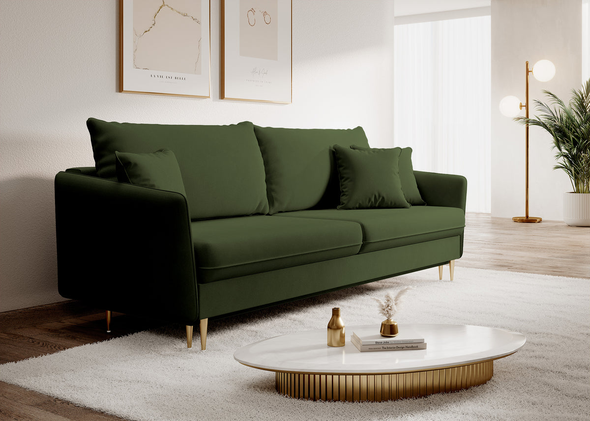Canapé convertible 3 places Volio velours olive hydrofuge pieds dorés