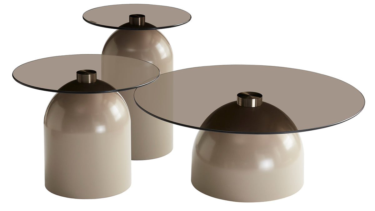 Table basse Velmorra ronde diamètre 40 cm avec plateau en verre fumé et base métallique cachemire