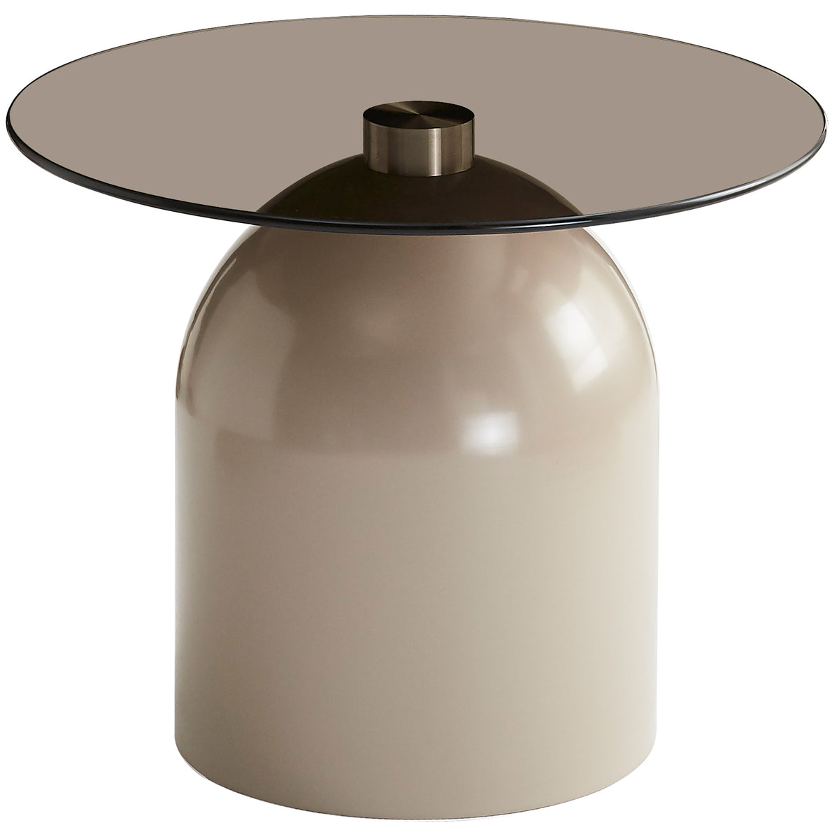 Table basse Velmorra ronde diamètre 50 cm avec plateau en verre fumé et base métallique cachemire