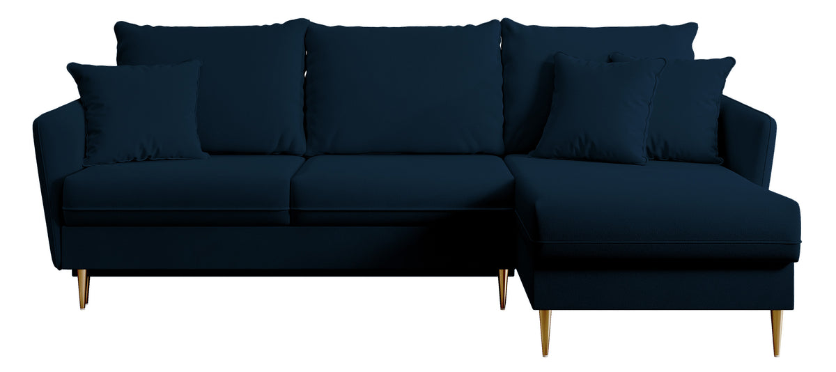 Canapé d'angle Volio en velours hydrofuge bleu marine avec fonction couchage, pieds dorés