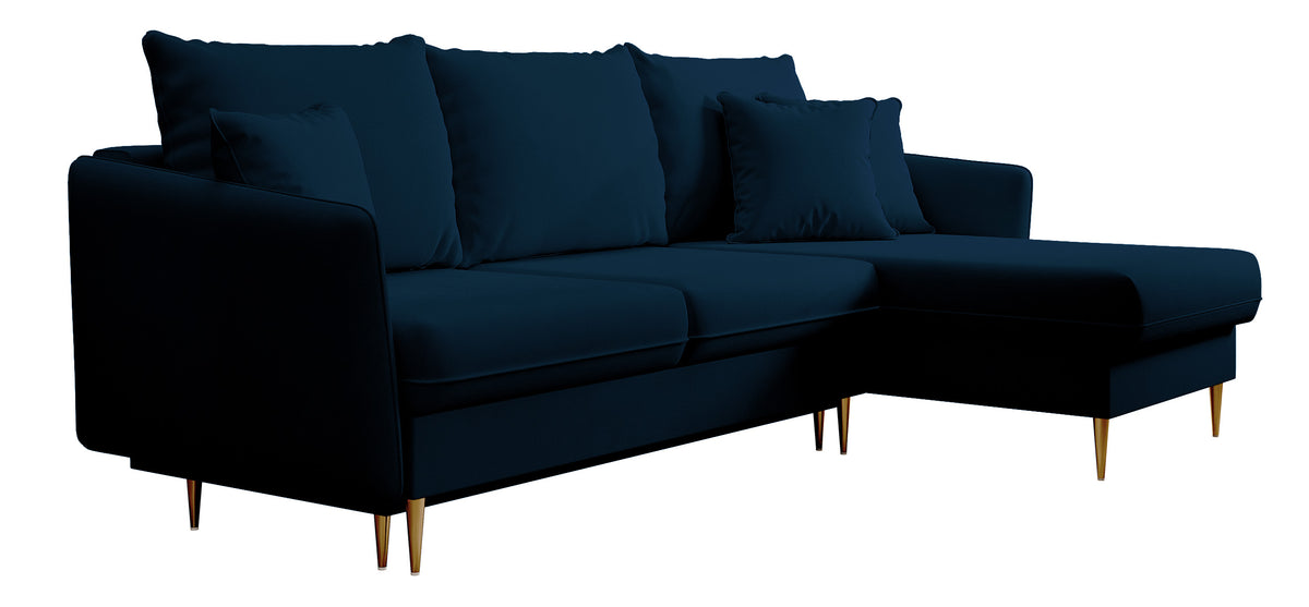 Canapé d'angle Volio en velours hydrofuge bleu marine avec fonction couchage, pieds dorés
