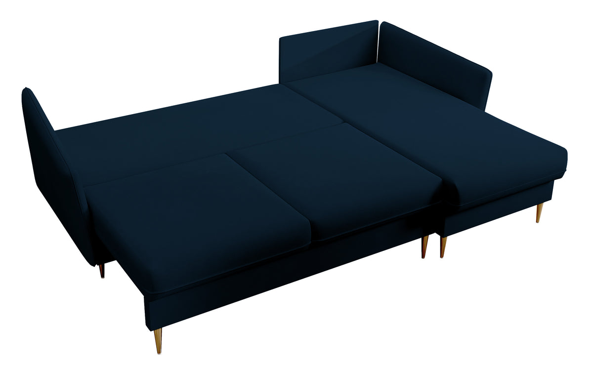 Canapé d'angle Volio en velours hydrofuge bleu marine avec fonction couchage, pieds dorés