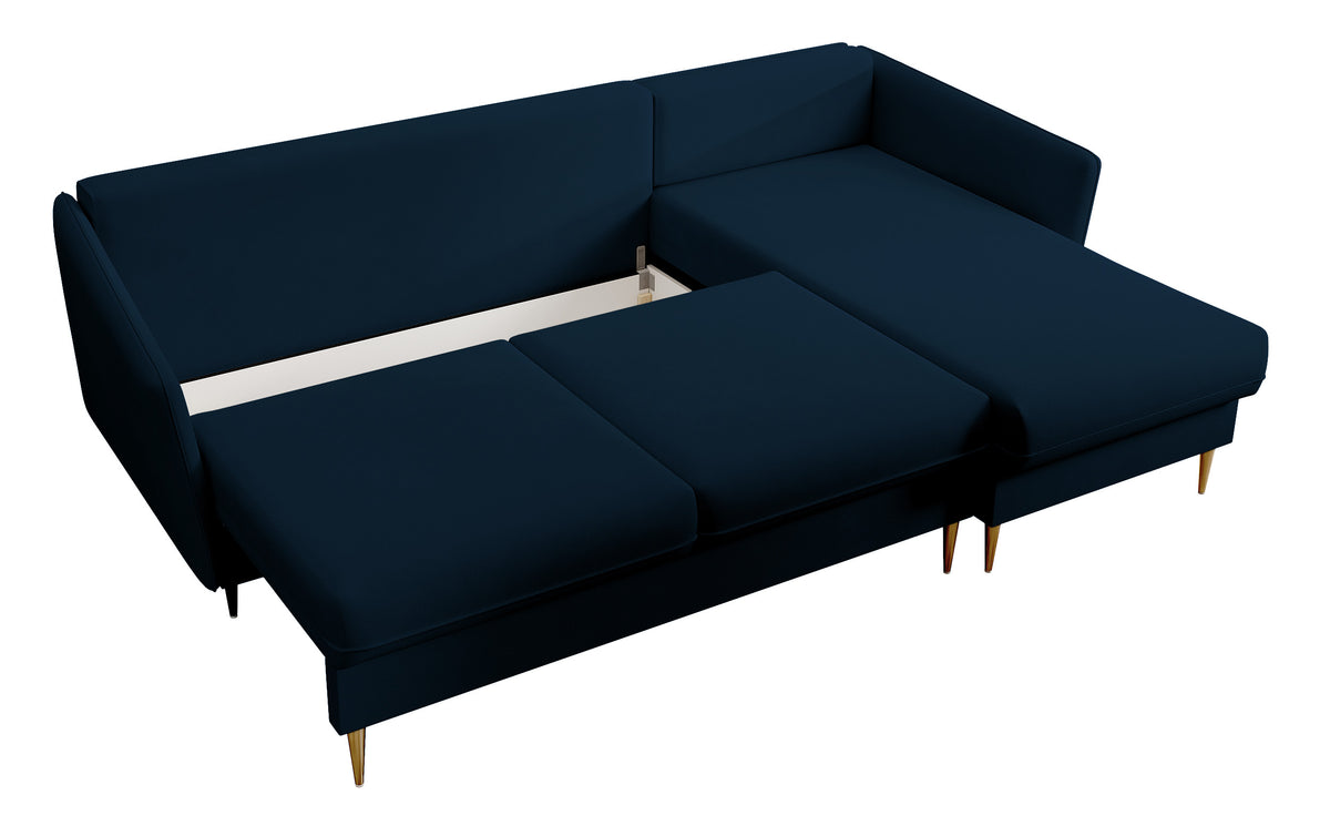 Canapé d'angle Volio en velours hydrofuge bleu marine avec fonction couchage, pieds dorés