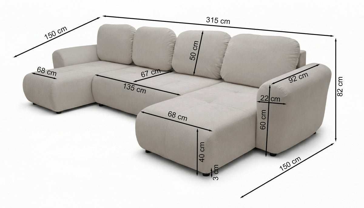 U-förmiges Ecksofa Olido mit Schlaffunktion, universell, mit Stauraum, marineblauer hydrophober Samtstoff