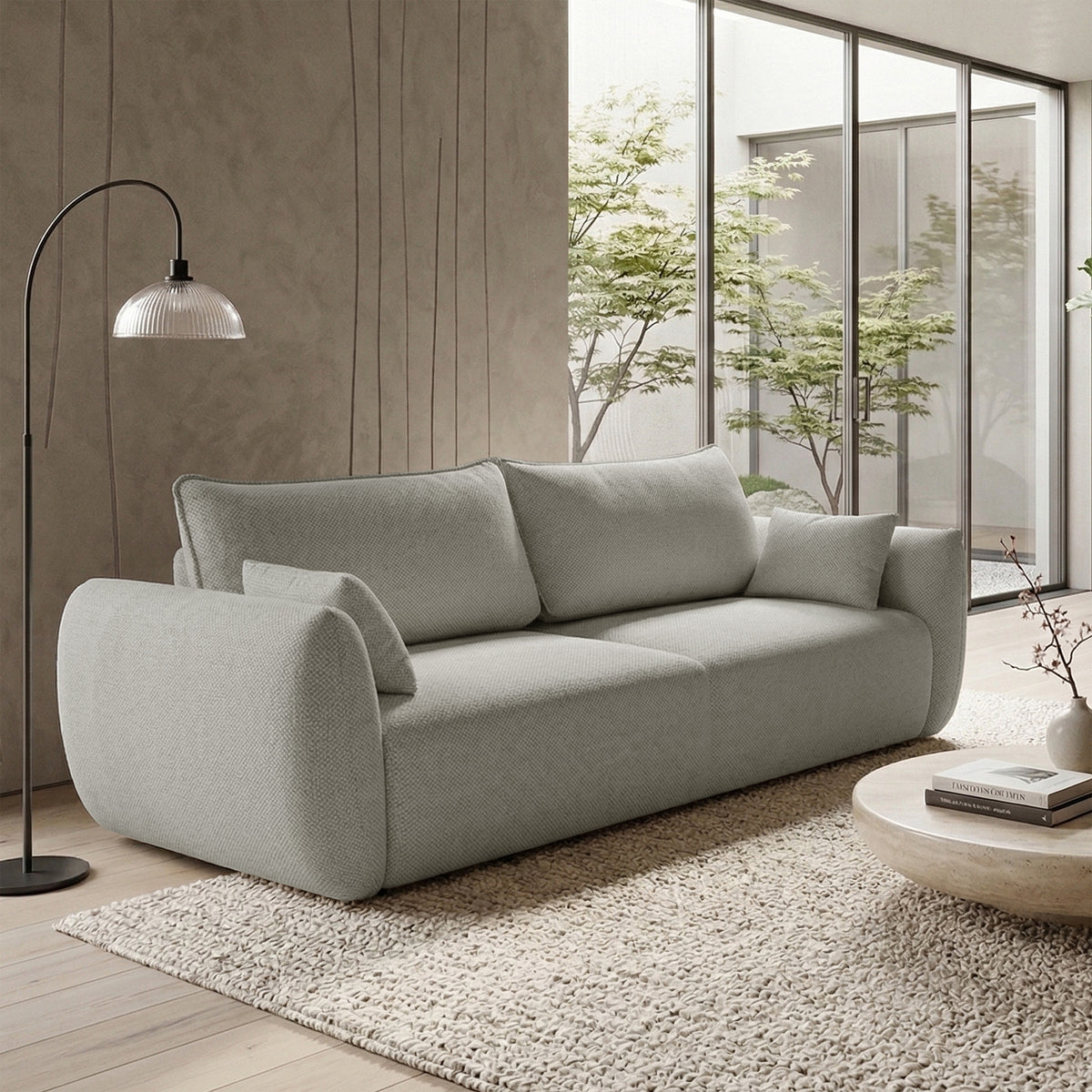 Canapé convertible 3 places Zordo avec rangement, tissu chenille gris beige