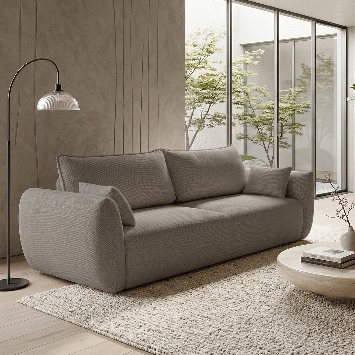 Canapé convertible 3 places Zordo avec coffre, tissu chenille beige clair