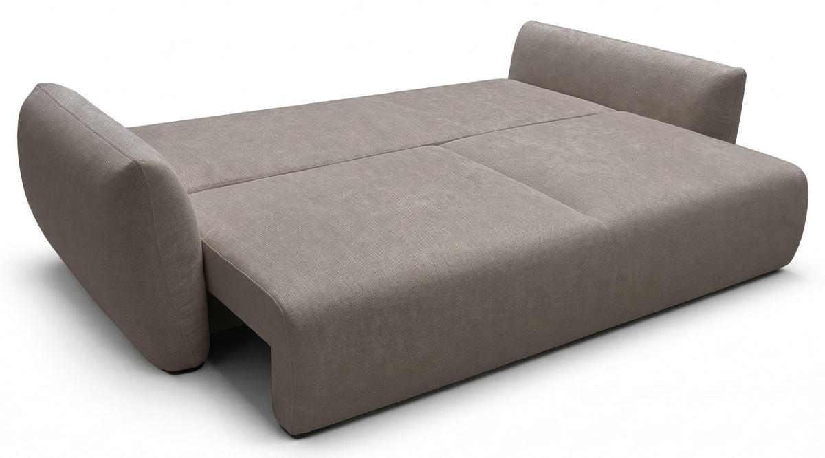 Canapé convertible 3 places Zordo avec coffre, tissu chenille beige clair