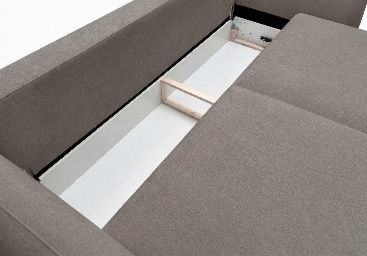 Canapé convertible 3 places Zordo avec coffre, tissu chenille beige clair