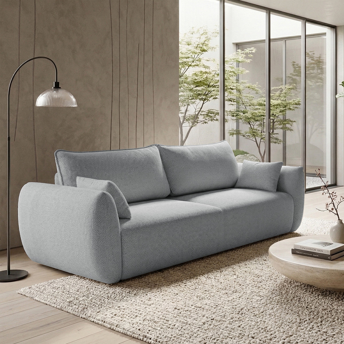 Canapé convertible 3 places Zordo avec coffre, tissu chenille gris