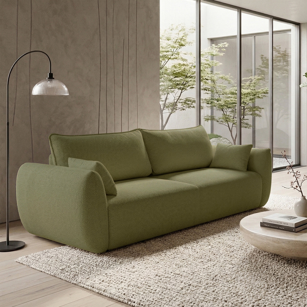 Canapé convertible 3 places Zordo avec rangement en tissu chenille olive
