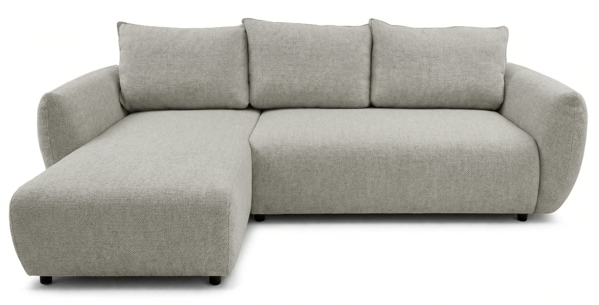 Canapé d'angle Zordo en L, côté gauche, avec fonction couchage et deux rangements, tissu chenille gris-beige