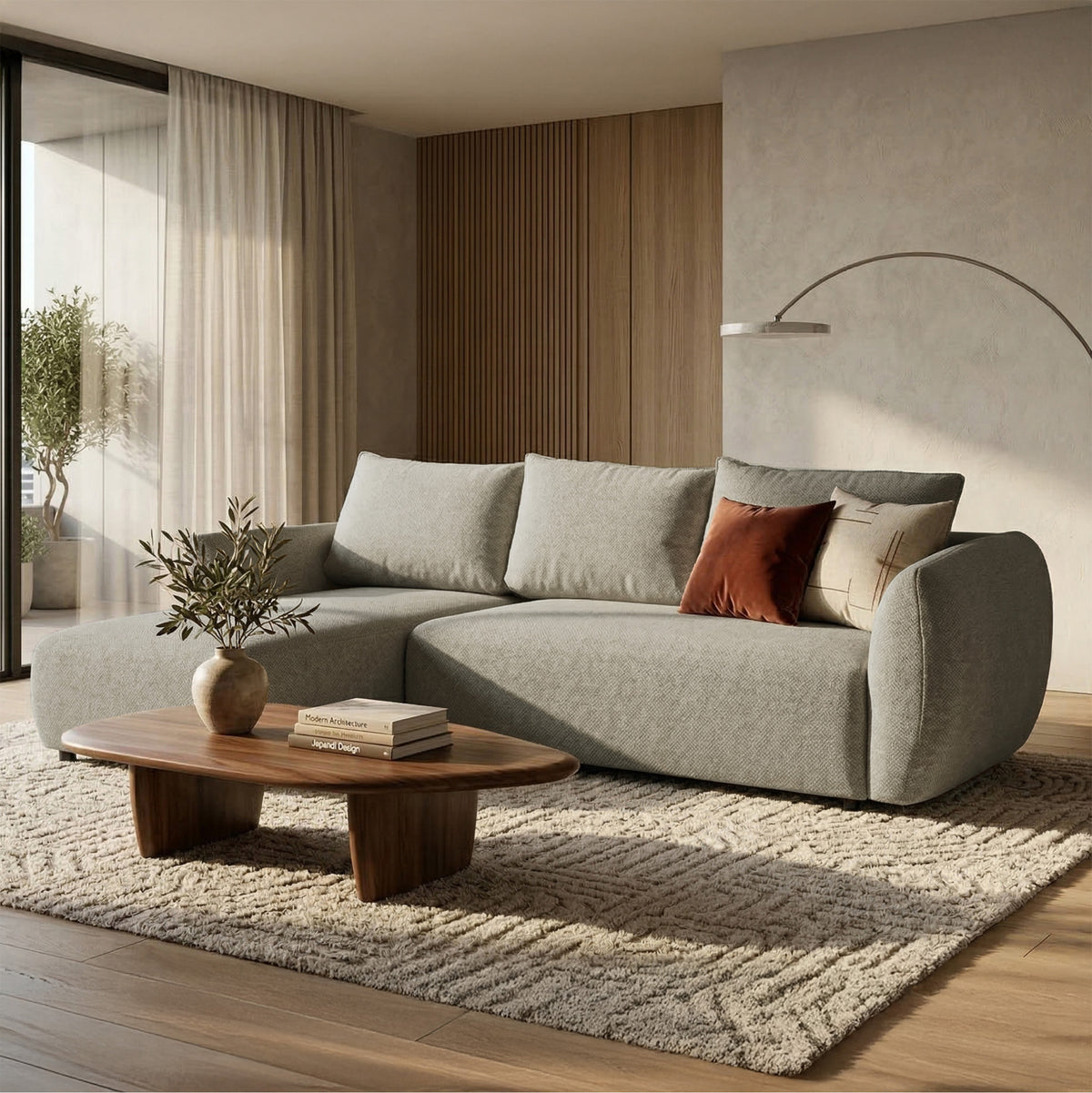 Canapé d'angle Zordo en L, côté gauche, avec fonction couchage et deux rangements, tissu chenille gris-beige