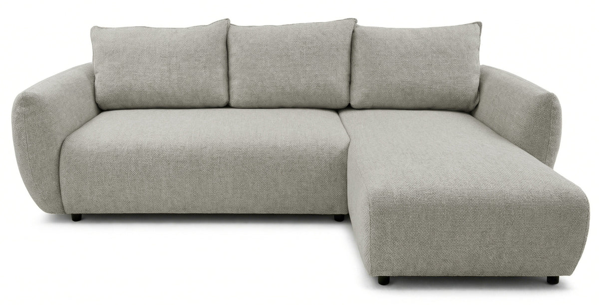 Canapé d’angle droit Zordo avec fonction couchage, deux coffres de rangement, tissu chenille gris-beige
