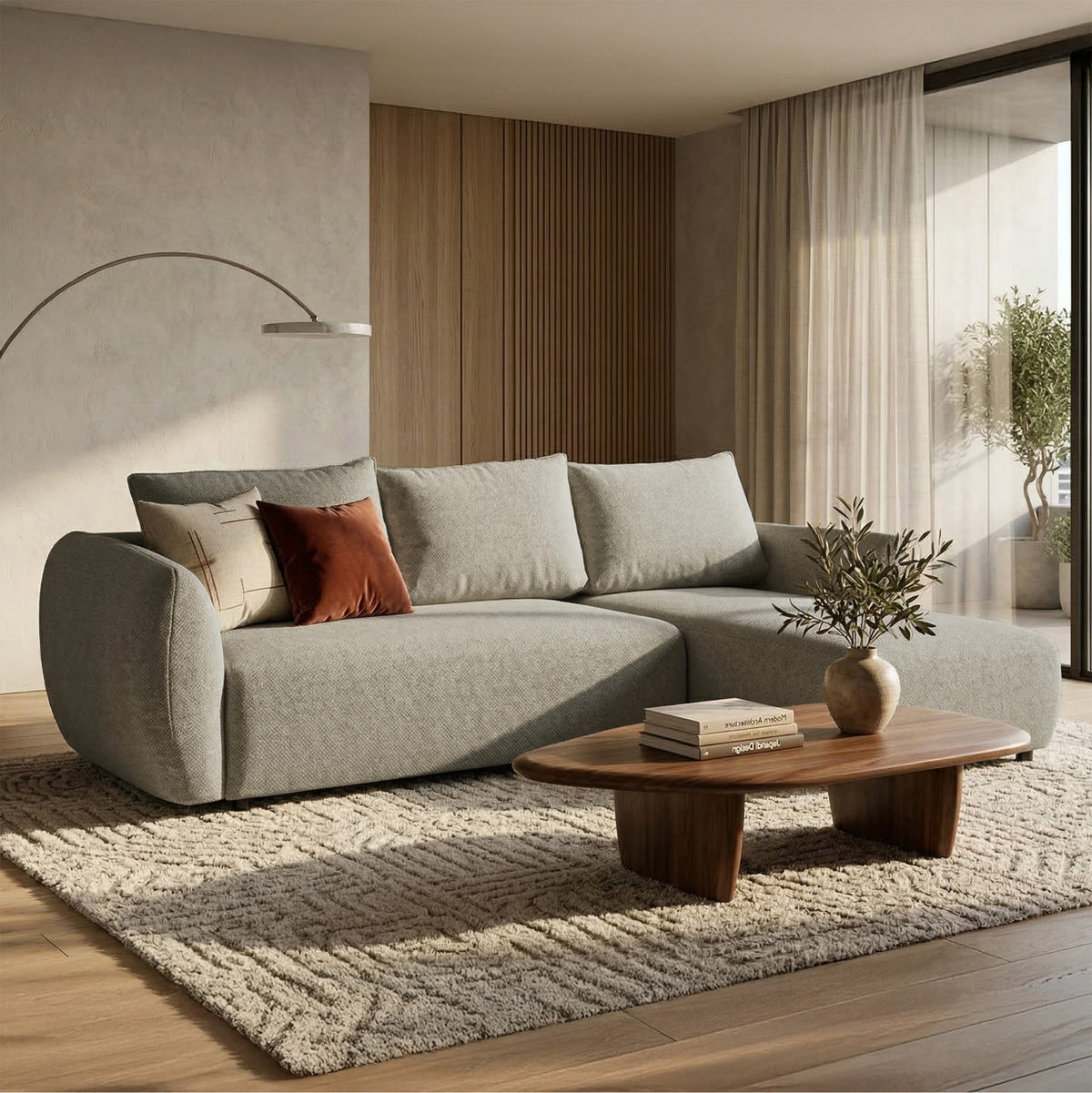 Canapé d’angle droit Zordo avec fonction couchage, deux coffres de rangement, tissu chenille gris-beige