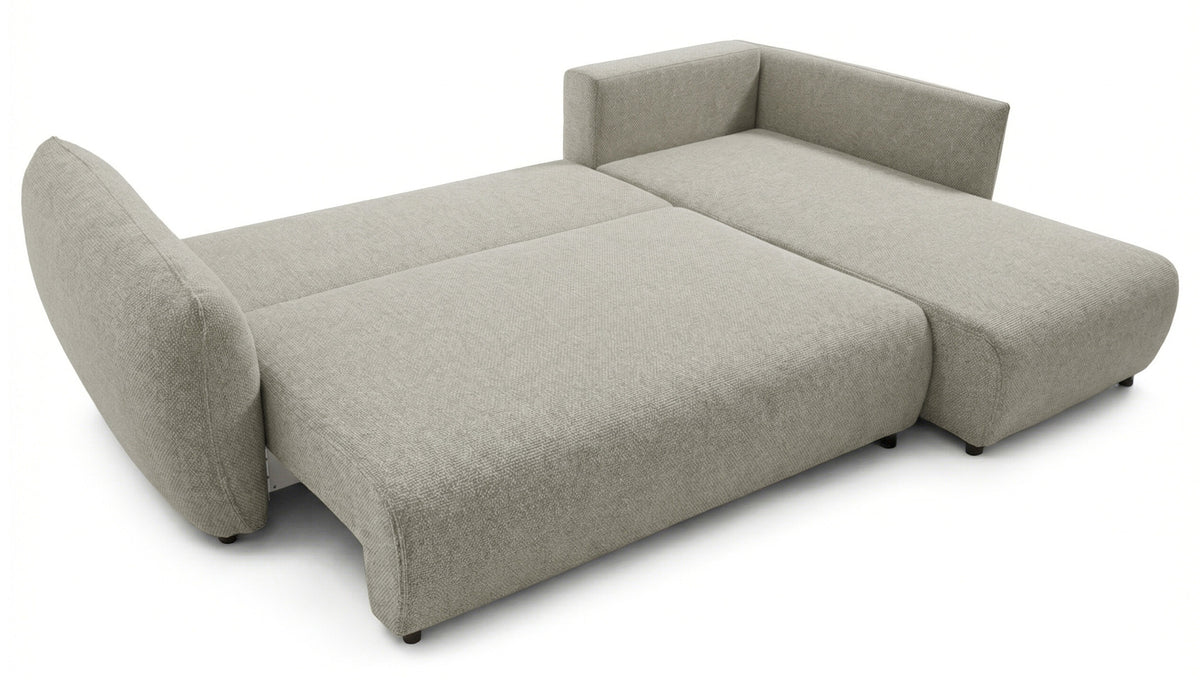 Canapé d’angle droit Zordo avec fonction couchage, deux coffres de rangement, tissu chenille gris-beige