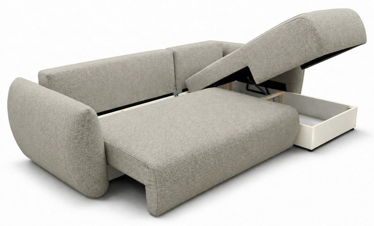 Canapé d’angle droit Zordo avec fonction couchage, deux coffres de rangement, tissu chenille gris-beige