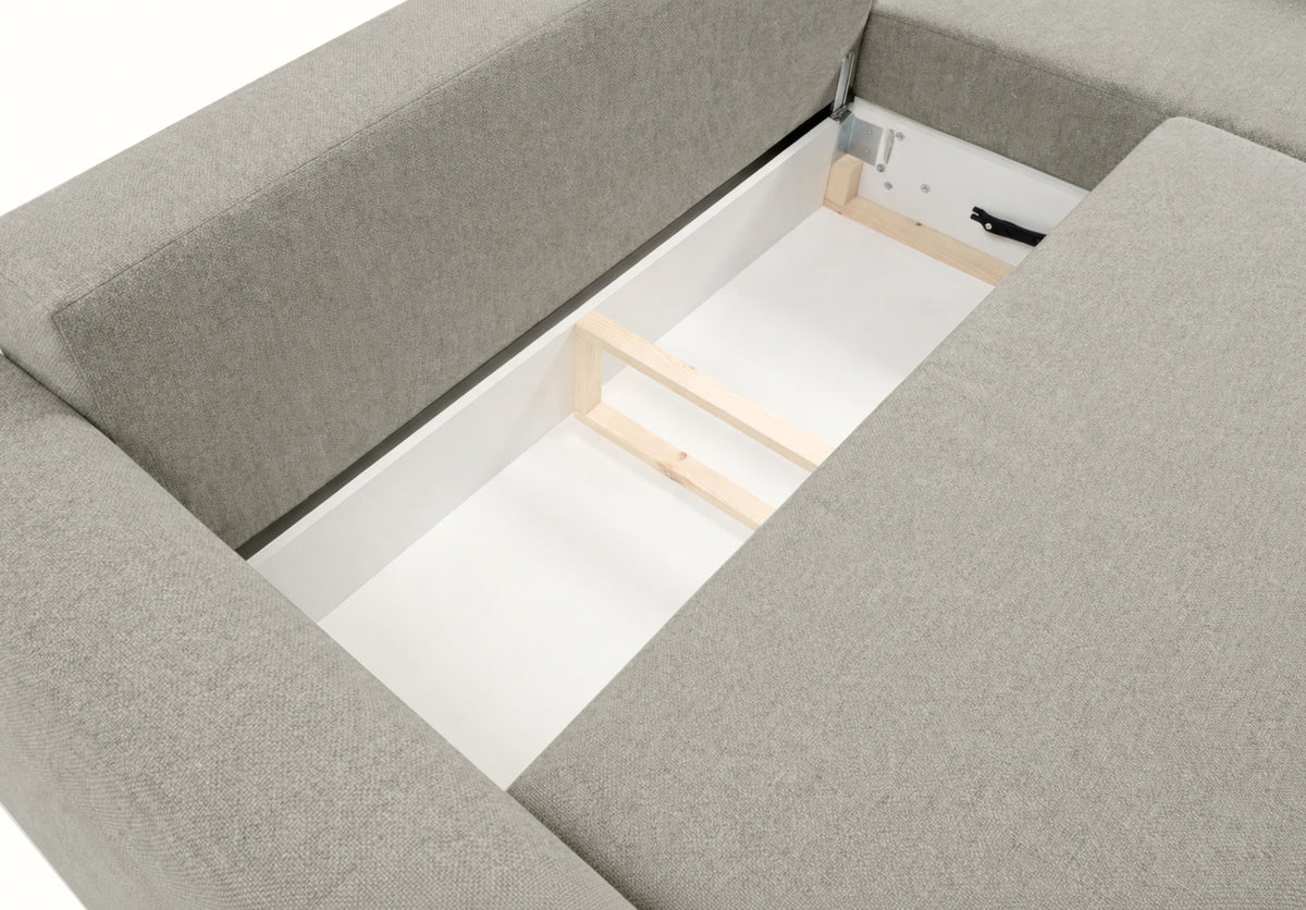 Canapé d’angle droit Zordo avec fonction couchage, deux coffres de rangement, tissu chenille gris-beige