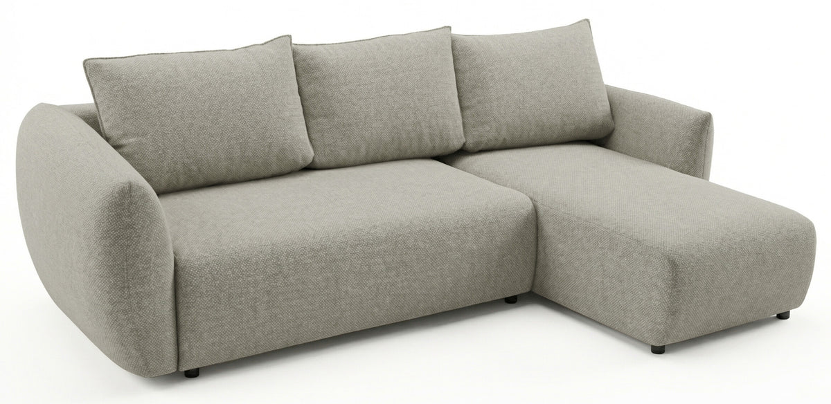 Canapé d’angle droit Zordo avec fonction couchage, deux coffres de rangement, tissu chenille gris-beige