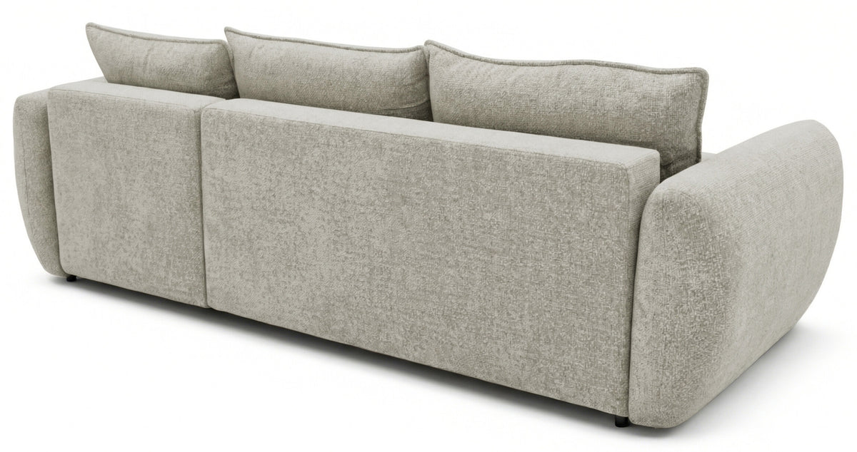 Canapé d’angle droit Zordo avec fonction couchage, deux coffres de rangement, tissu chenille gris-beige