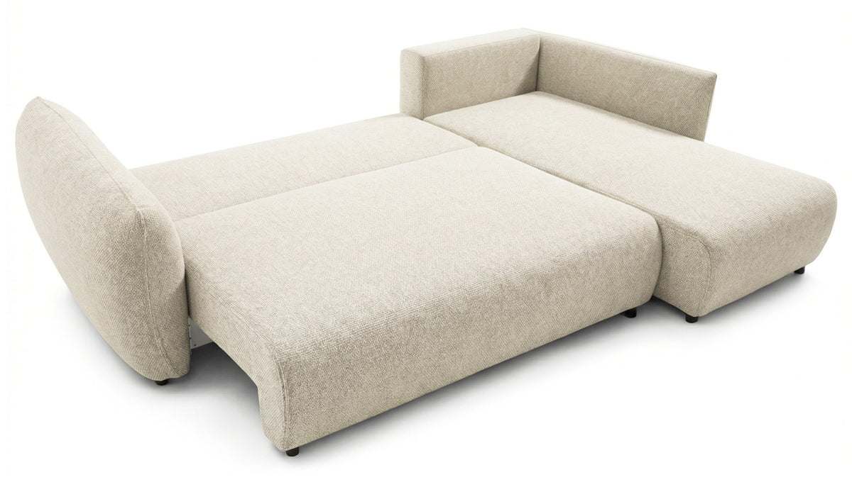 Ecksofa mit Schlaffunktion Zordo, L-förmig, rechtsseitig, mit zwei Aufbewahrungsboxen, hellbeiger Chenille-Stoff