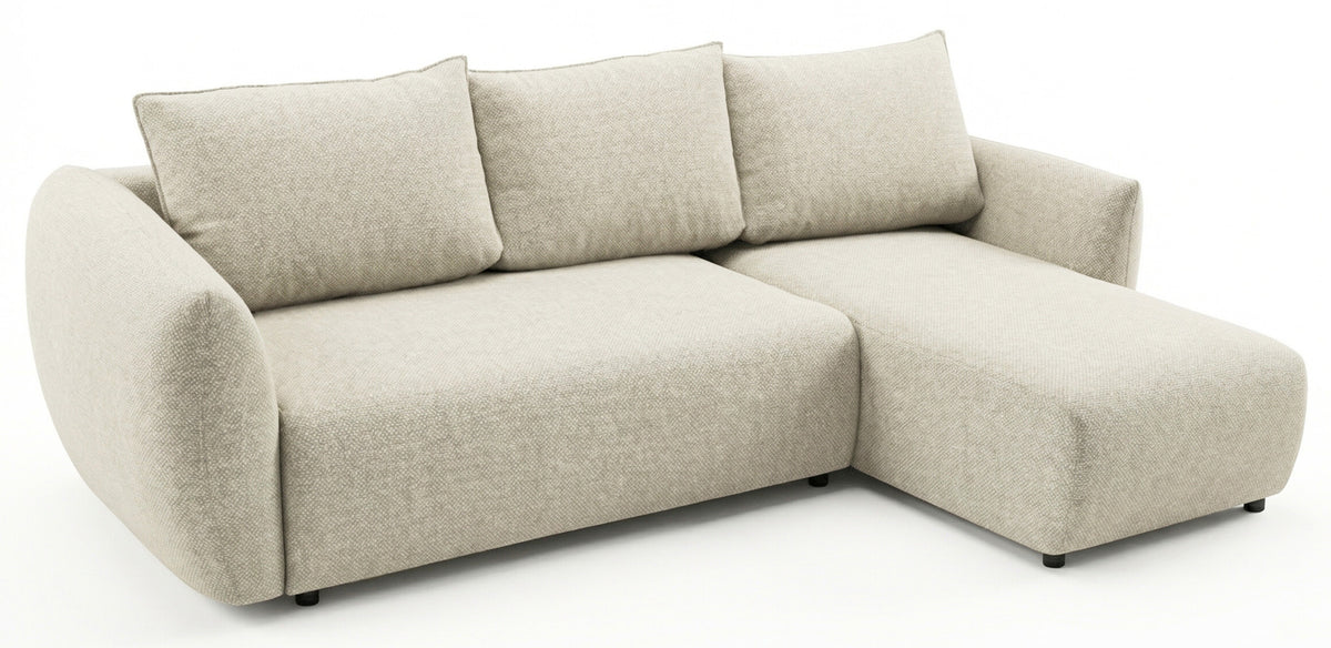 Ecksofa mit Schlaffunktion Zordo, L-förmig, rechtsseitig, mit zwei Aufbewahrungsboxen, hellbeiger Chenille-Stoff