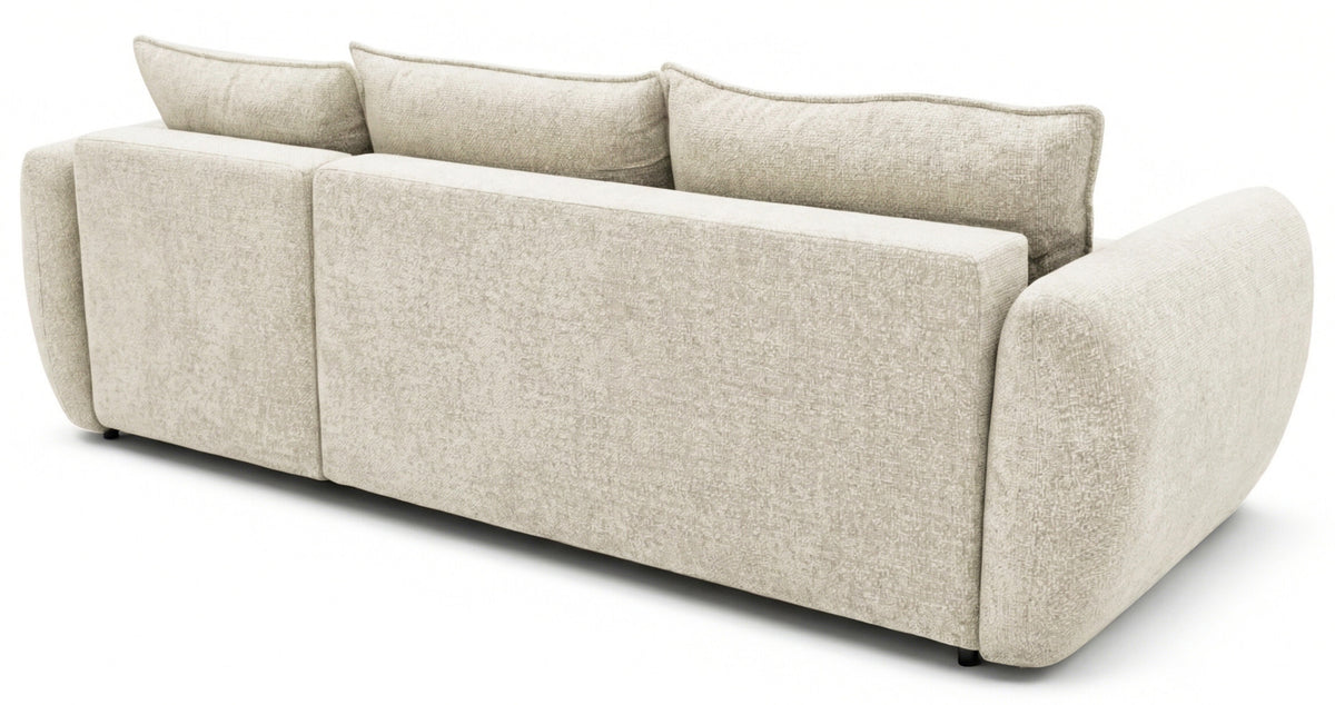Ecksofa mit Schlaffunktion Zordo, L-förmig, rechtsseitig, mit zwei Aufbewahrungsboxen, hellbeiger Chenille-Stoff
