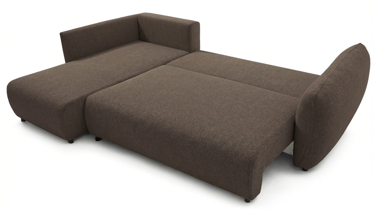 Canapé d'angle Zordo en L, côté gauche, avec fonction couchage et deux coffres de rangement, en tissu chenille marron