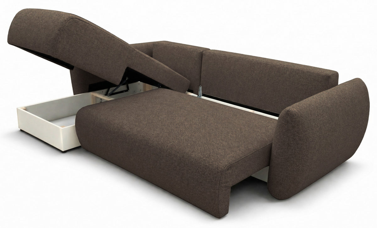 Canapé d'angle Zordo en L, côté gauche, avec fonction couchage et deux coffres de rangement, en tissu chenille marron