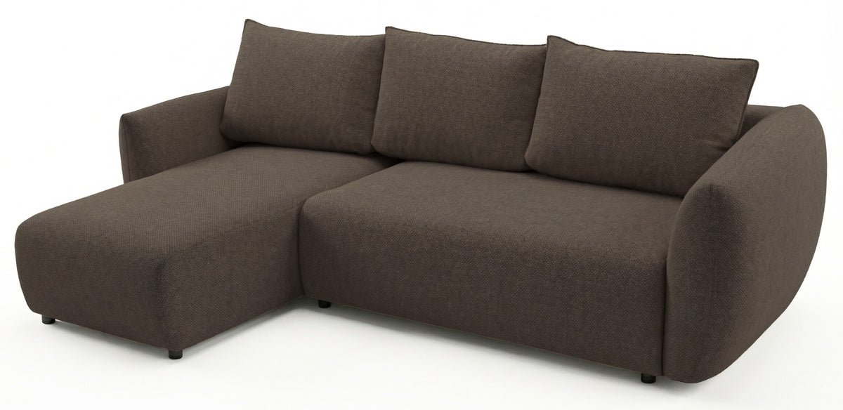 Canapé d'angle Zordo en L, côté gauche, avec fonction couchage et deux coffres de rangement, en tissu chenille marron