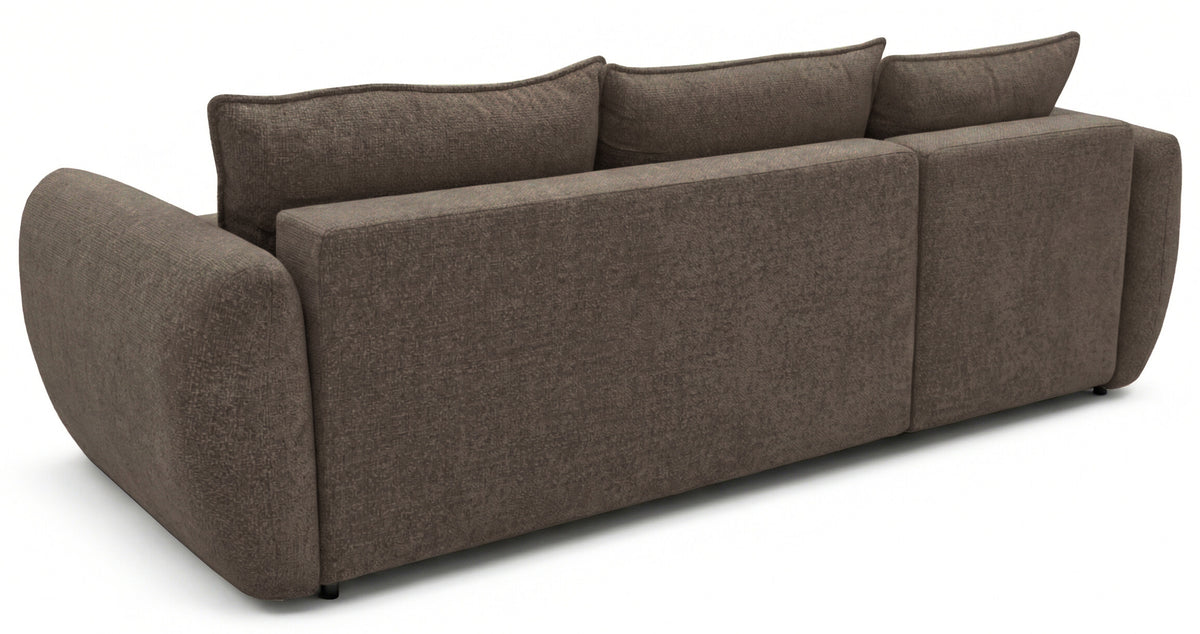 Canapé d'angle Zordo en L, côté gauche, avec fonction couchage et deux coffres de rangement, en tissu chenille marron