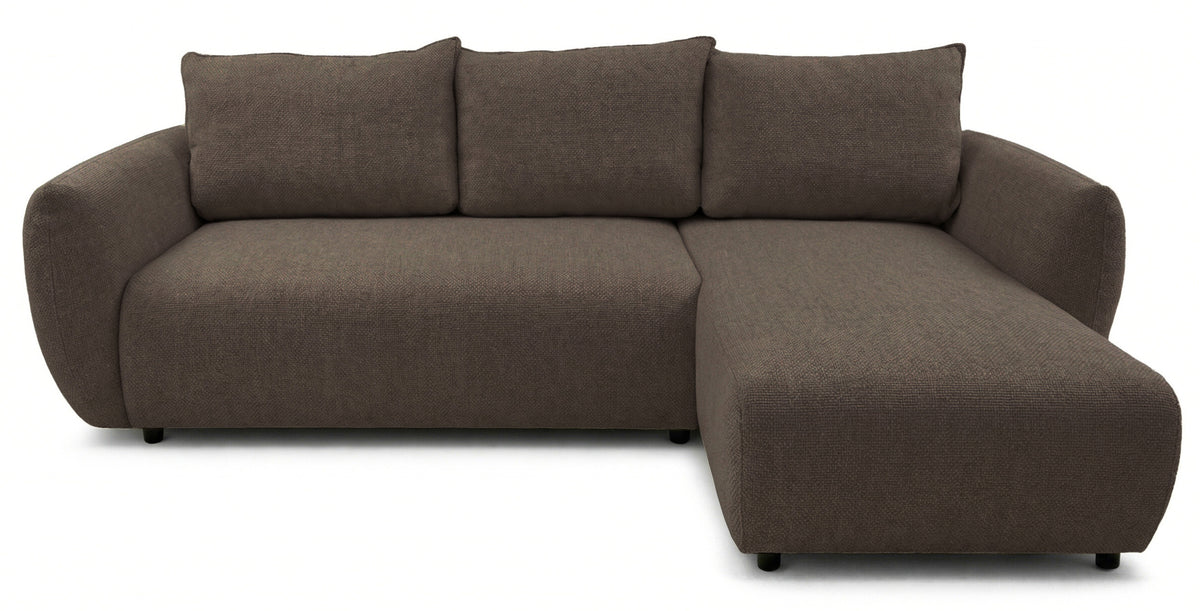 Canapé d'angle Zordo en L droit avec fonction couchage et deux coffres, tissu chenille marron