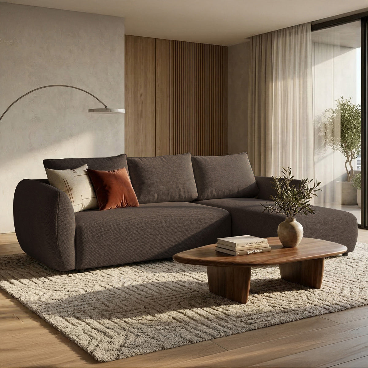 Canapé d'angle Zordo en L droit avec fonction couchage et deux coffres, tissu chenille marron