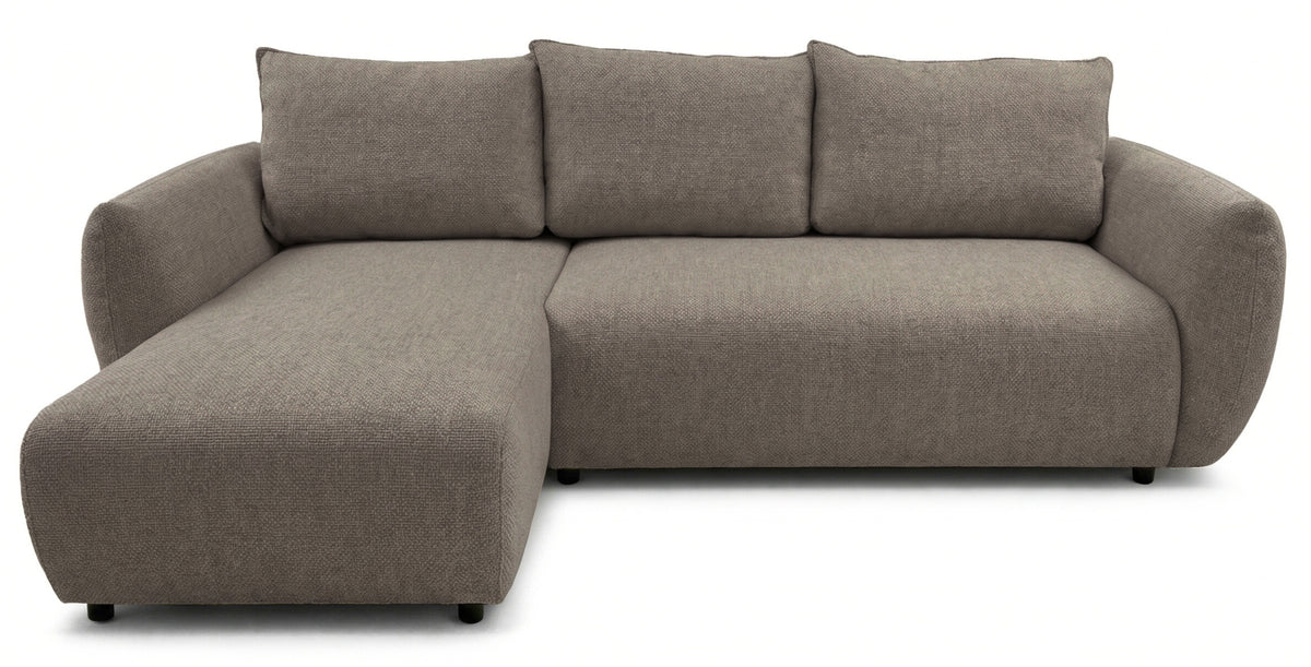 Canapé d'angle Zordo en L, version gauche, avec fonction couchage et deux coffres, tissu chenille beige clair