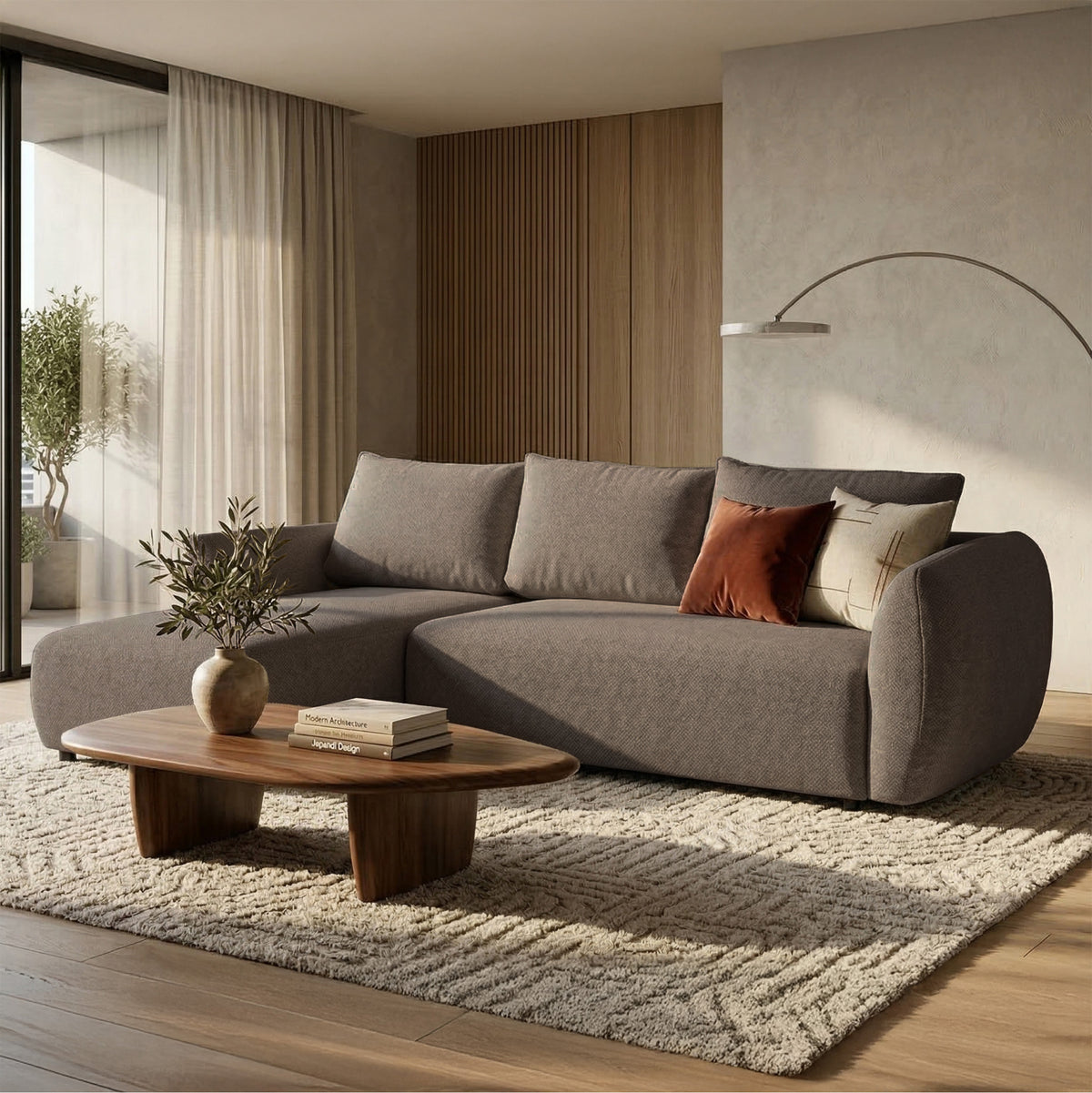 Canapé d'angle Zordo en L, version gauche, avec fonction couchage et deux coffres, tissu chenille beige clair