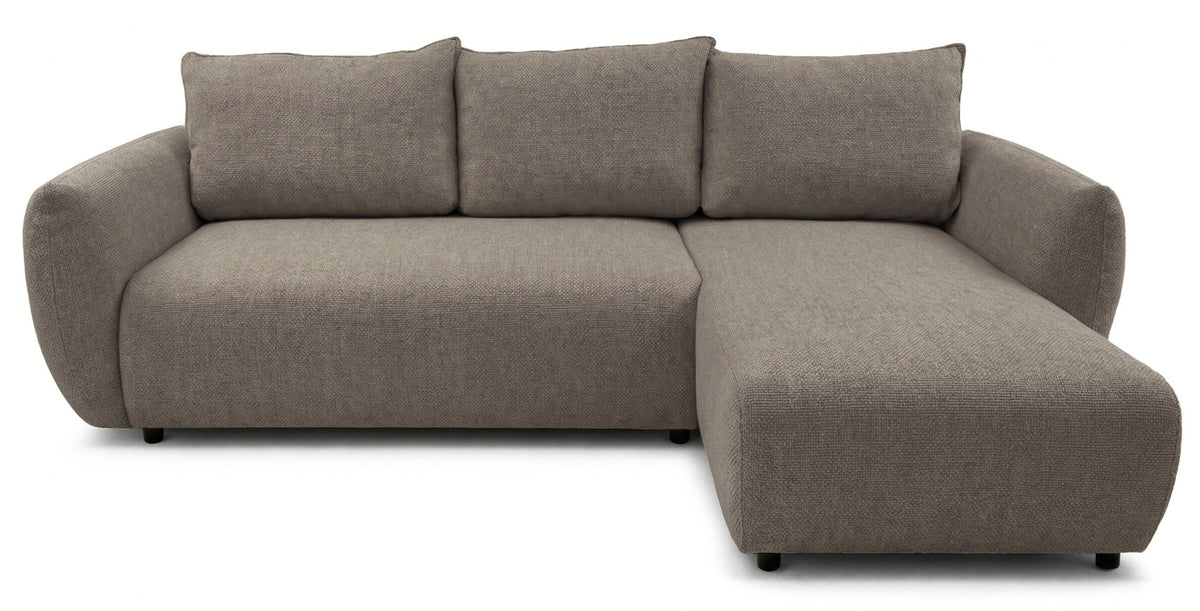 Canapé d'angle droit Zordo avec fonction couchage, deux coffres, tissu chenille marron clair