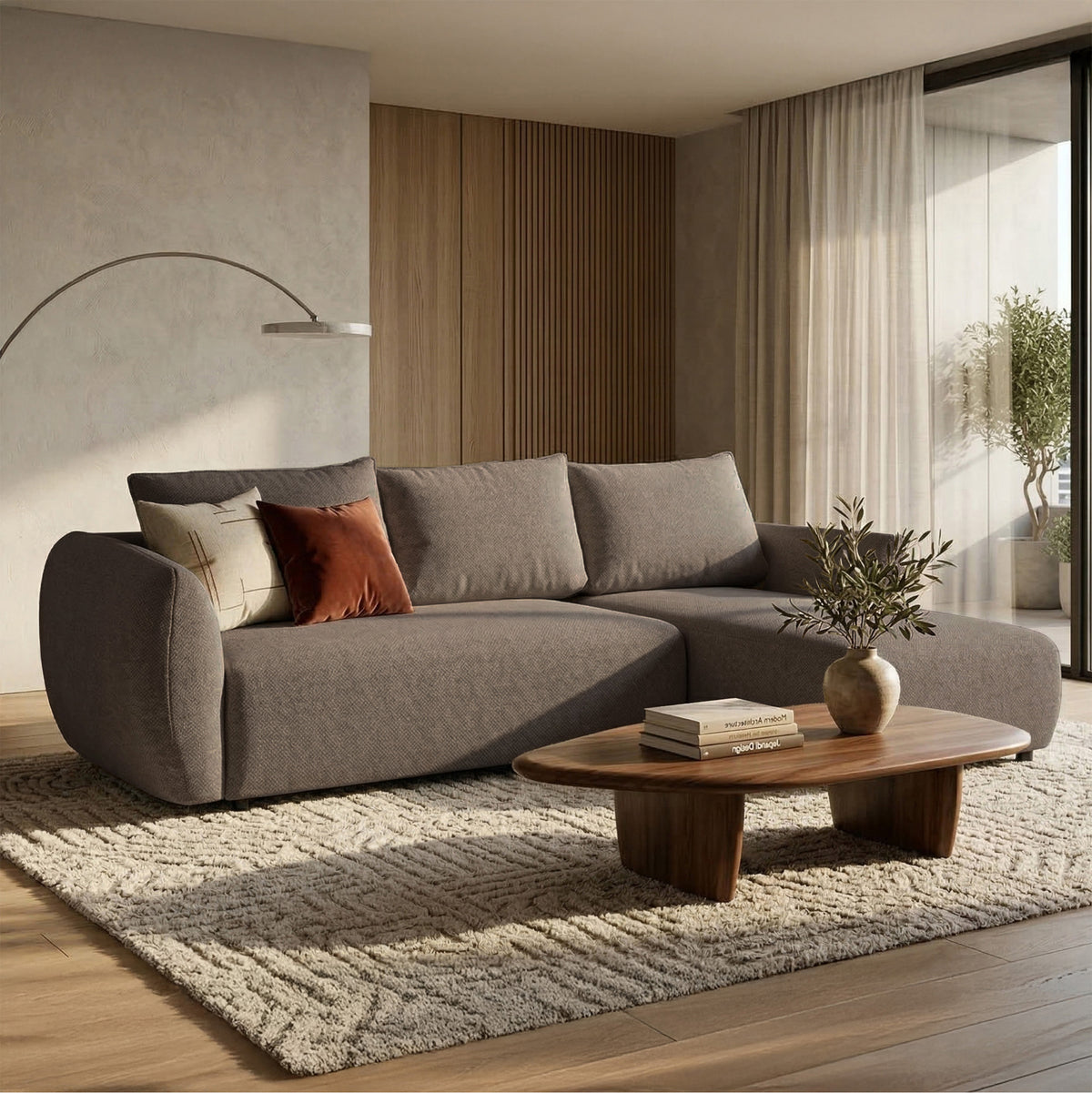 Canapé d'angle droit Zordo avec fonction couchage, deux coffres, tissu chenille marron clair