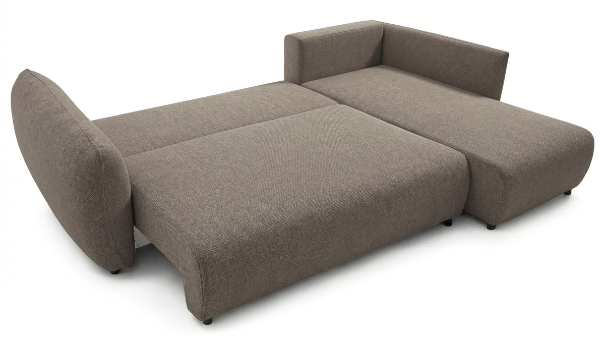 Canapé d'angle droit Zordo avec fonction couchage, deux coffres, tissu chenille marron clair