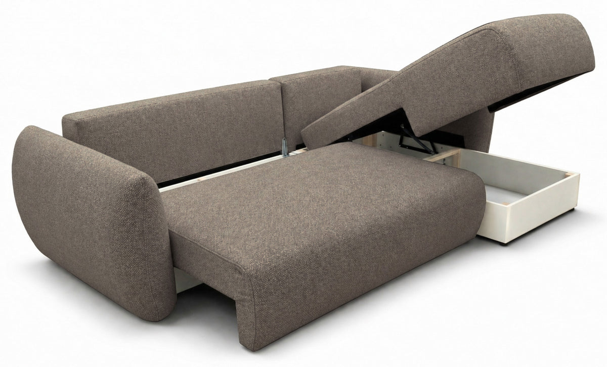 Canapé d'angle droit Zordo avec fonction couchage, deux coffres, tissu chenille marron clair