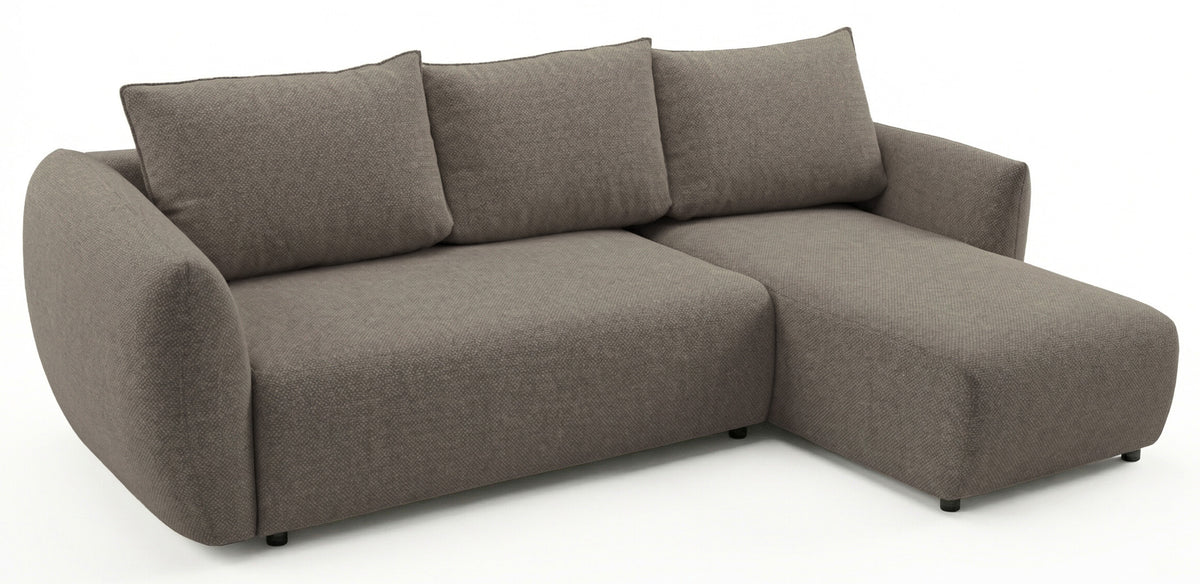Canapé d'angle droit Zordo avec fonction couchage, deux coffres, tissu chenille marron clair