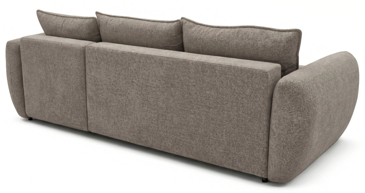 Canapé d'angle droit Zordo avec fonction couchage, deux coffres, tissu chenille marron clair