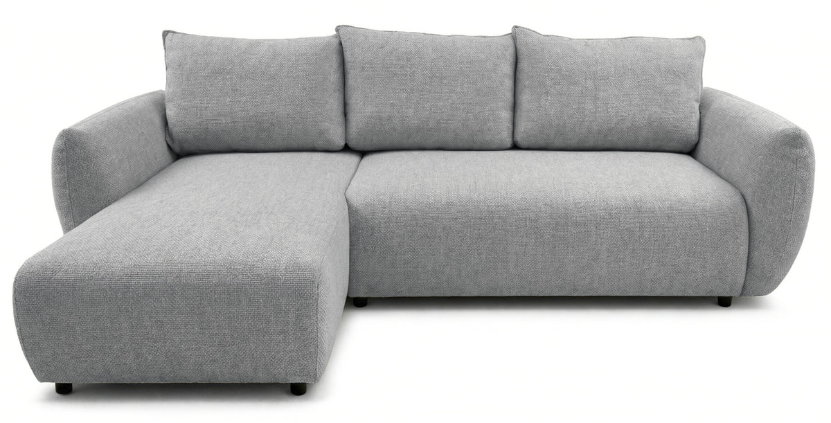 Canapé d'angle Zordo en L gauche avec fonction couchage et deux coffres, tissu chenille gris