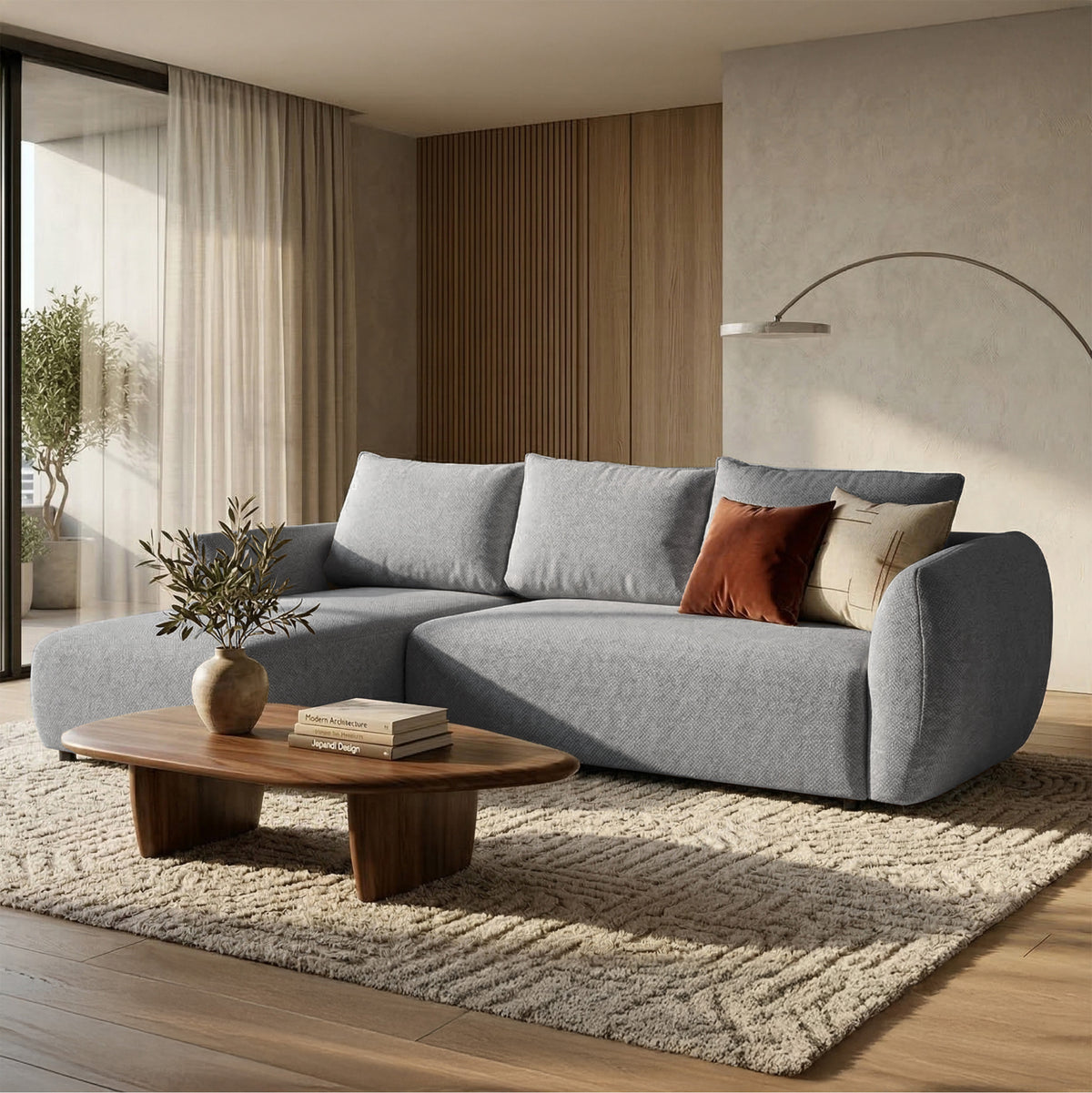 Canapé d'angle Zordo en L gauche avec fonction couchage et deux coffres, tissu chenille gris